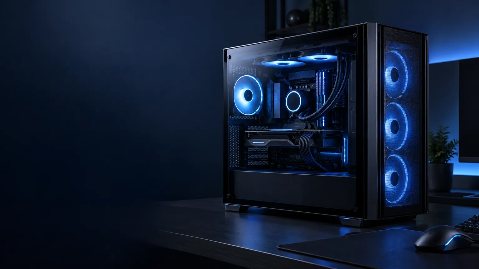 Игровой компьютер с подсветкой на столе